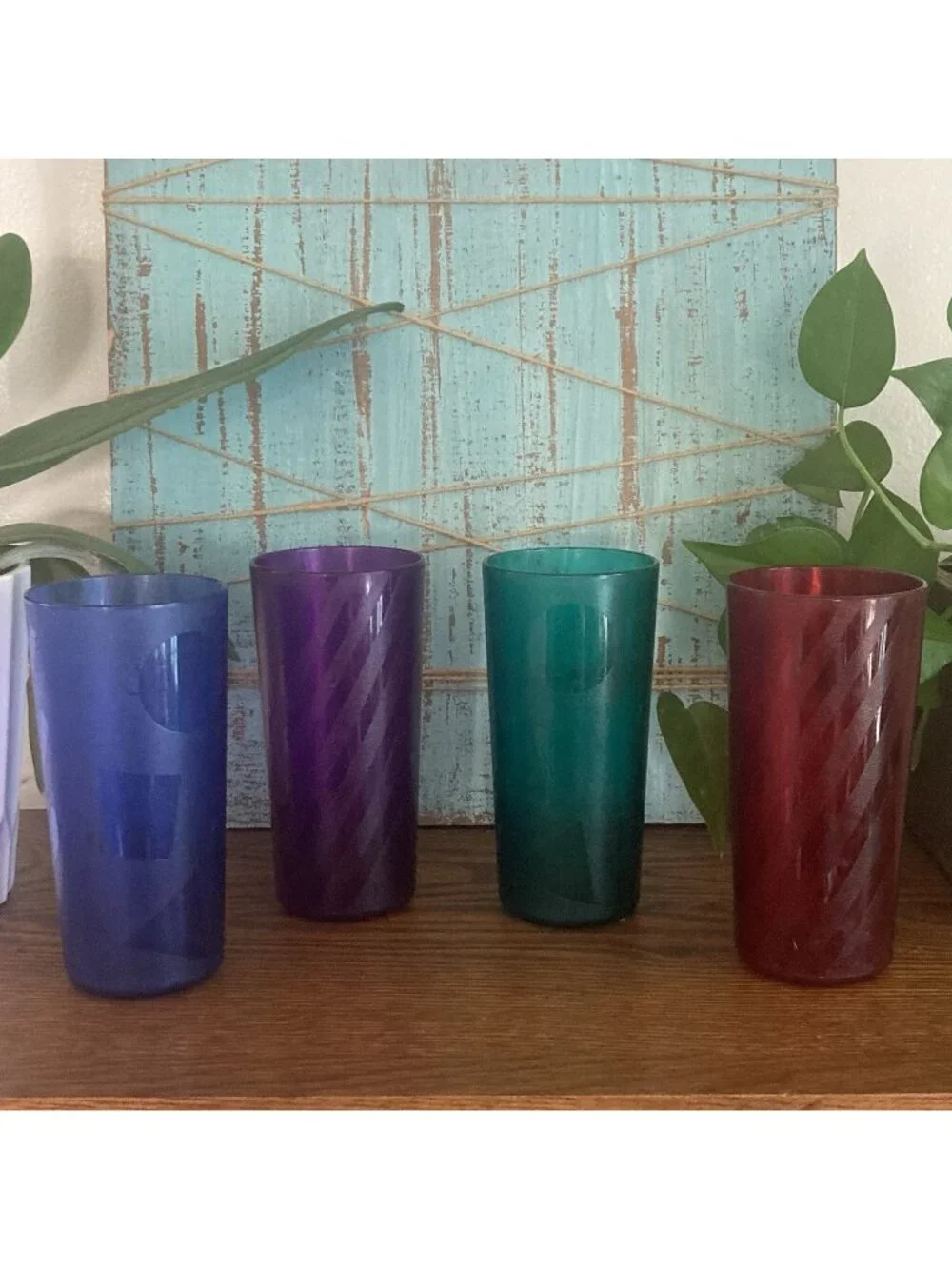 Tupperware Acrylic 4 Tumbler Cups Jewel Tone Jazzy Geometric 14oz.